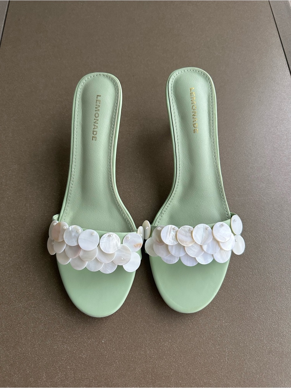 Green Slide heels with Mother-of-Pearl Discs